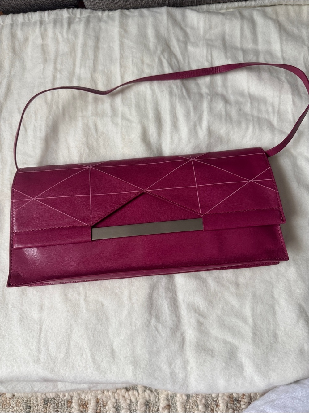 Via Spiga Magenta Geometric Leather Clutch with Metal Bar